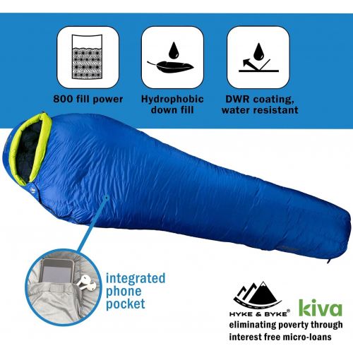  Hyke & Byke Eolus 0 Degree F 800 Fill Power Hydrophobic Goose Down Sleeping Bag with ClusterLoft Base - Ultra Lightweight 4 Season Men’s and Women’s Mummy Bag Designed for Backpack