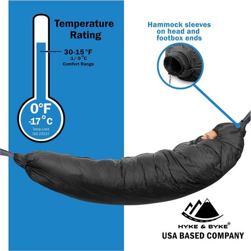  Hyke & Byke Crestone 15 & 0 Degree F 650 Fill Power Hammock Compatible Hydrophobic Down Sleeping Bag with ClusterLoft Base  Innovative Design for Hammock, Ground Camping or Backpa