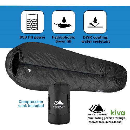  Hyke & Byke Crestone 15 & 0 Degree F 650 Fill Power Hammock Compatible Hydrophobic Down Sleeping Bag with ClusterLoft Base  Innovative Design for Hammock, Ground Camping or Backpa