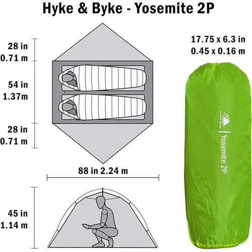  Hyke & Byke Yosemite Hiking & Backpacking Tent - 3 Season Ultralight, Waterproof Tent for Camping w/Rain Fly and Footprint - 1 Person or 2 Person