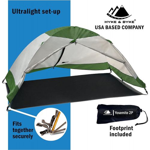  Hyke & Byke Yosemite 1 and 2 Person Backpacking Tents with Footprint - Lightweight Two Door Ultralight Dome Camping Tent