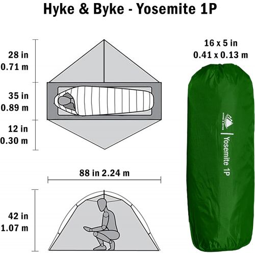  Hyke & Byke Yosemite Hiking & Backpacking Tent - 3 Season Ultralight, Waterproof Tent for Camping w/Rain Fly and Footprint - 1 Person or 2 Person