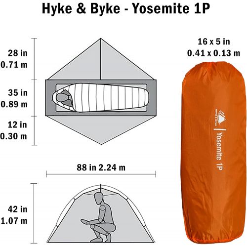  Hyke & Byke Yosemite Hiking & Backpacking Tent - 3 Season Ultralight, Waterproof Tent for Camping w/Rain Fly and Footprint - 1 Person or 2 Person