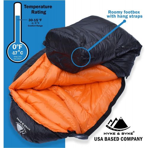  Hyke & Byke Eolus 0 F Hiking & Backpacking Sleeping Bag - 4 Season, 800FP Goose Down Sleeping Bag - Ultralight - Black/Clementine - 87 in - Long