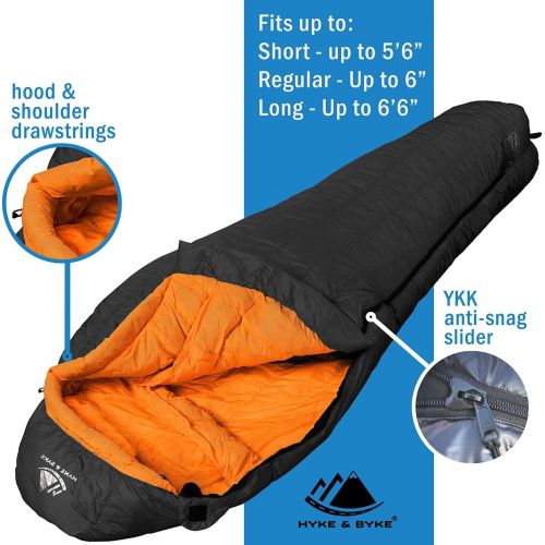  Hyke & Byke Eolus 0 F Hiking & Backpacking Sleeping Bag - 4 Season, 800FP Goose Down Sleeping Bag - Ultralight - Black/Clementine - 87 in - Long