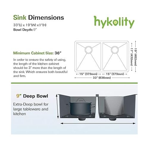  hykolity 33-inch Undermount 50/50 Double Bowl 16 Gauge Stainless Steel Kitchen Sink