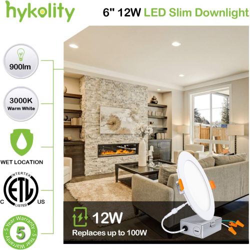  [아마존핫딜][아마존 핫딜] Hykolity 6 Inch LED Recessed Lighting with Junction Box, Smooth Trim, 12 Pack, 12W= 100W, 3000K Warm White, 850lm Dimmable Wafer Light, Canless Soffit Lighting for Shallow Ceiling,