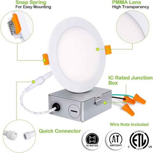  [아마존 핫딜] Hykolity 4 Inch Slim LED Recessed Lighting with Junction Box, Smooth Trim, 12 Pack, 10W= 80W, 5000K Daylight, 650lm Dimmable Wafer Light, Canless Soffit Lighting for Shallow Ceilin