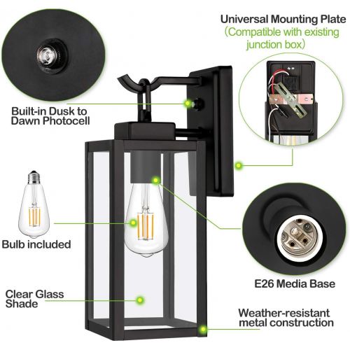  [아마존 핫딜] Hykolity Outdoor Wall Lantern with Dusk to Dawn Photocell, LED Bulb Included, Matte Black Wall Light Fixtures, Architectural Wall Sconce with Clear Glass Shade for Entryway, Porch,