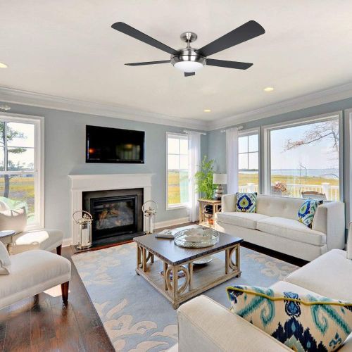  [아마존베스트]Hykolity 52 Inch Indoor Brushed Nickel Ceiling Fan with Dimmable Light Kit and Remote Control, Modern Style, Lifetime Motor Warranty, Reversible Blades, ETL for Living room, Bedroom, Baseme