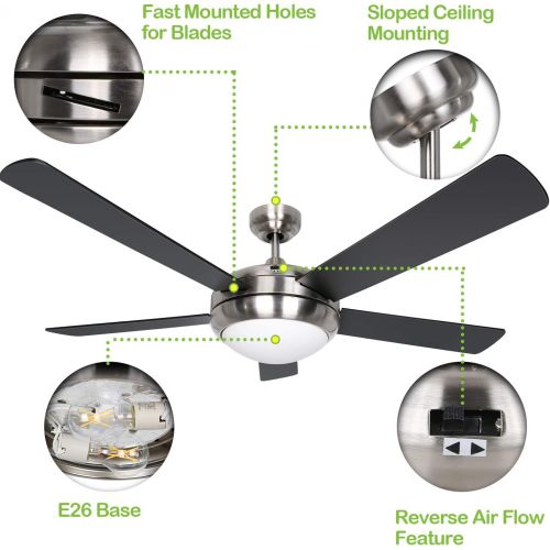  [아마존베스트]Hykolity 52 Inch Indoor Brushed Nickel Ceiling Fan with Dimmable Light Kit and Remote Control, Modern Style, Lifetime Motor Warranty, Reversible Blades, ETL for Living room, Bedroom, Baseme