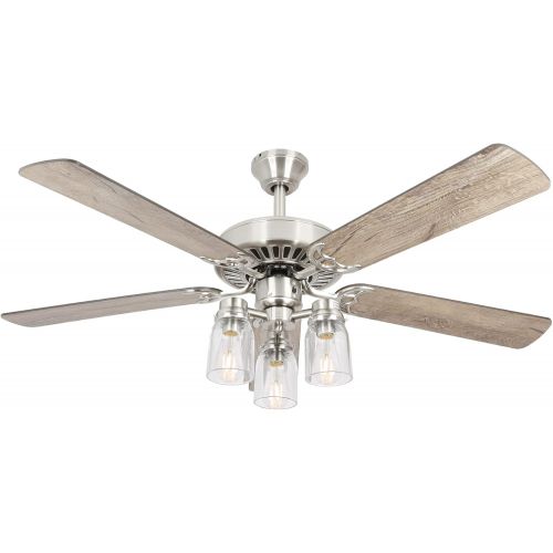  [아마존베스트]Hykolity 52 Inch LED Indoor Brushed Nickel Ceiling Fan with Light Kit (Bulb included), Brown 3 Lights Ceiling Fan with Reversible Blades & Pull Chains for Living room, Bedroom, Kitchen, Gar