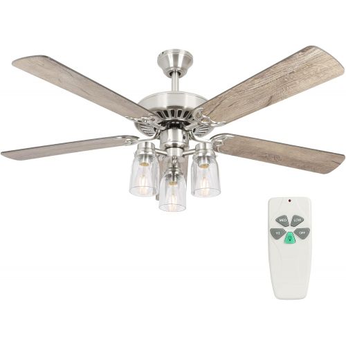  [아마존베스트]Hykolity 52 Inch LED Indoor Brushed Nickel Ceiling Fan with Light Kit (Bulb included), Brown 3 Lights Ceiling Fan with Reversible Blades & Pull Chains for Living room, Bedroom, Kitchen, Gar