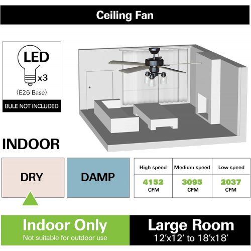  [아마존베스트]Hykolity 52 Inch LED Indoor Brushed Nickel Ceiling Fan with Light Kit (Bulb included), Brown 3 Lights Ceiling Fan with Reversible Blades & Pull Chains for Living room, Bedroom, Kitchen, Gar