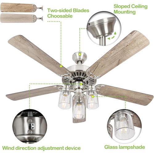  [아마존베스트]Hykolity 52 Inch LED Indoor Brushed Nickel Ceiling Fan with Light Kit (Bulb included), Brown 3 Lights Ceiling Fan with Reversible Blades & Pull Chains for Living room, Bedroom, Kitchen, Gar