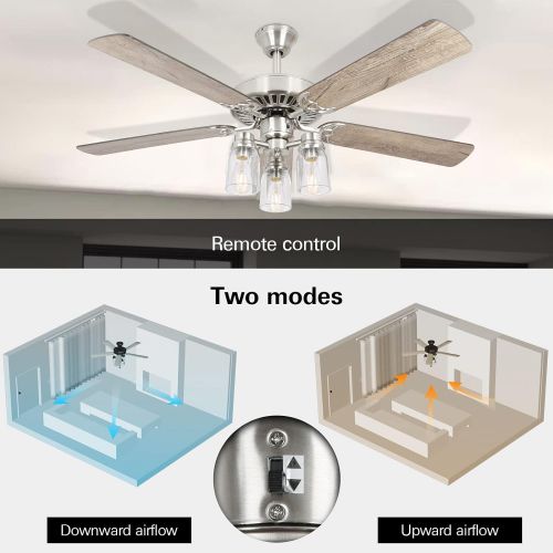  [아마존베스트]Hykolity 52 Inch LED Indoor Brushed Nickel Ceiling Fan with Light Kit (Bulb included), Brown 3 Lights Ceiling Fan with Reversible Blades & Pull Chains for Living room, Bedroom, Kitchen, Gar