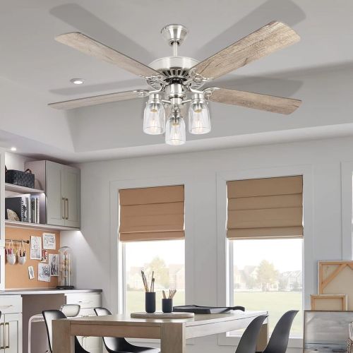  [아마존베스트]Hykolity 52 Inch LED Indoor Brushed Nickel Ceiling Fan with Light Kit (Bulb included), Brown 3 Lights Ceiling Fan with Reversible Blades & Pull Chains for Living room, Bedroom, Kitchen, Gar