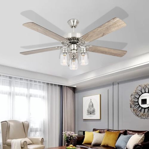  [아마존베스트]Hykolity 52 Inch LED Indoor Brushed Nickel Ceiling Fan with Light Kit (Bulb included), Brown 3 Lights Ceiling Fan with Reversible Blades & Pull Chains for Living room, Bedroom, Kitchen, Gar