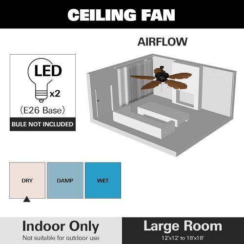  hykolity 52 Inch Indoor Tropical Ceiling Fan W/ Light Kit, Five ABS Palm Leaf Blades, ETL Listed Ceiling Fans for Living Room Kitchen Bedroom Basement, Reversible Motor, Pull Chain