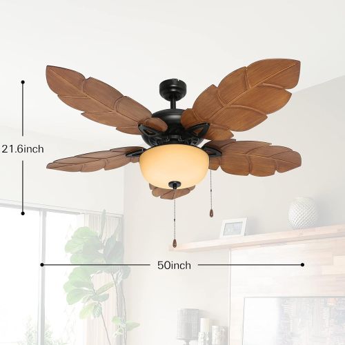  hykolity 52 Inch Indoor Tropical Ceiling Fan W/ Light Kit, Five ABS Palm Leaf Blades, ETL Listed Ceiling Fans for Living Room Kitchen Bedroom Basement, Reversible Motor, Pull Chain