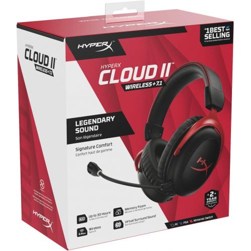  HyperX Cloud II Wireless - Gaming Headset for PC, PS4/PS5, Nintendo Switch, Long Lasting Battery Up to 30 Hours, 7.1 Surround Sound, Memory Foam, Detachable Noise Cancelling Microp