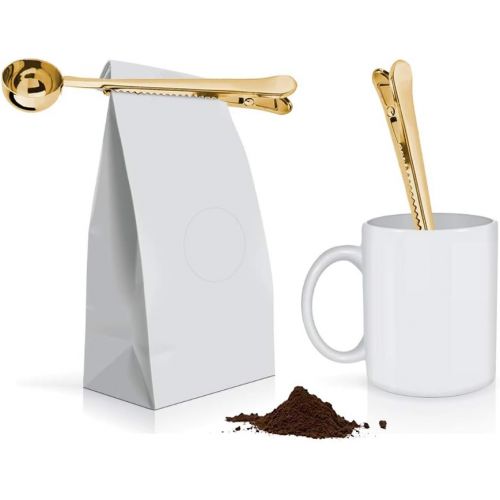  Hztyyier Coffee Scoop Clip 2-in-1 Stainless Steel Espresso Tea Coffee Measuring Scoop and Bag Clip with Long Handle Gold