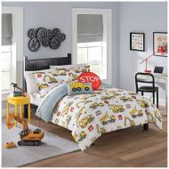 I/M MI 3 Piece Kids Construction Site Comforter Set Full Sized, Boys Yellow Dump Truck Crane Red Stop Sign Themed Bedding, Caution Detour Bulldozer Theme, Reversible Grey White Stripe