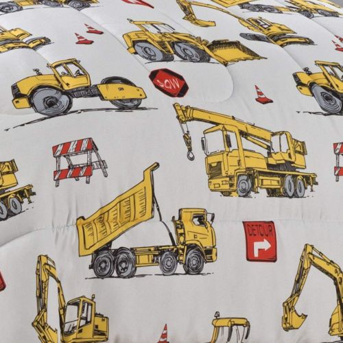  I/M MI 3 Piece Kids Construction Site Comforter Set Full Sized, Boys Yellow Dump Truck Crane Red Stop Sign Themed Bedding, Caution Detour Bulldozer Theme, Reversible Grey White Stripe