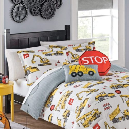  I/M MI 3 Piece Kids Construction Site Comforter Set Full Sized, Boys Yellow Dump Truck Crane Red Stop Sign Themed Bedding, Caution Detour Bulldozer Theme, Reversible Grey White Stripe