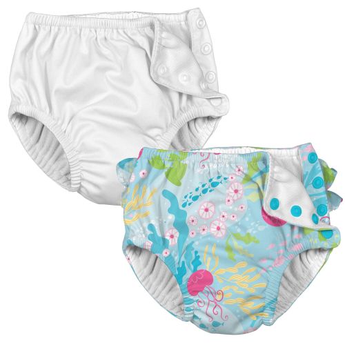  Iplay. i play Baby and Toddler Snap Reusable Swim Diaper - White and Coral Reef - 2 Pack