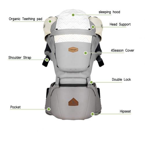  I-angel Nature Baby Carrier Hipseat Front Backpack Organic Cotton Teething Pads 8 Position (Cloud Gray)