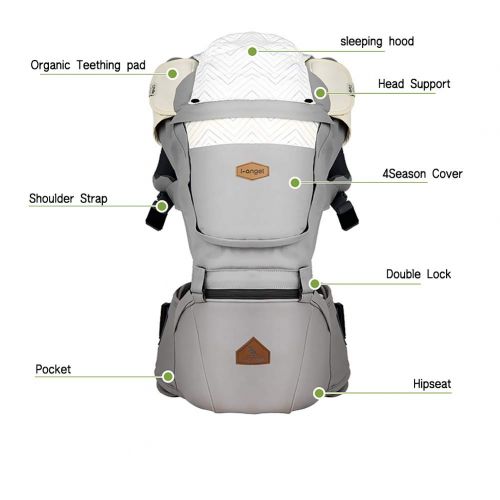  I-angel Nature Baby Carrier Hipseat Front Backpack Organic Cotton Teething Pads 8 Position (Moon Charcoal)