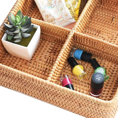  I-lan Handweaved Rattan 4 Compartments Storage Box Cosmetics Organizer Utensil and Bottle Serving Basket (300mm 4-compartment Box with Lid)