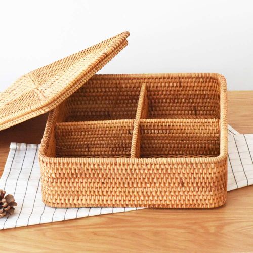  I-lan Handweaved Rattan 4 Compartments Storage Box Cosmetics Organizer Utensil and Bottle Serving Basket (300mm 4-compartment Box with Lid)