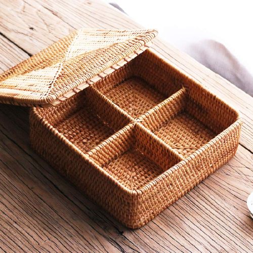  I-lan Handweaved Rattan 4 Compartments Storage Box Cosmetics Organizer Utensil and Bottle Serving Basket (300mm 4-compartment Box with Lid)