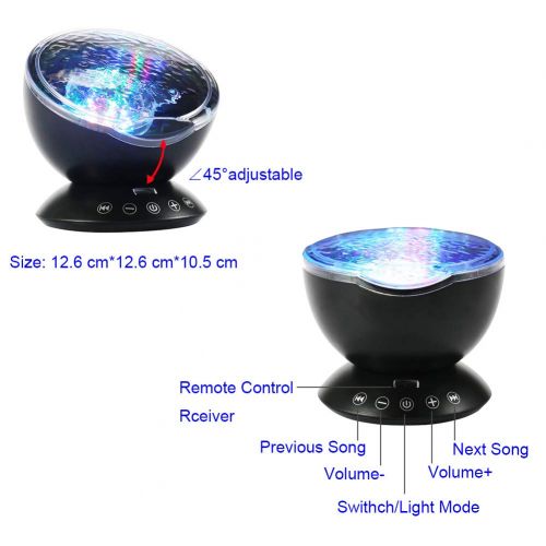  IAVO [Wall Adapter Included] Remote Control Ocean Wave LED Projector Night Light With 7 Colorful Light Mode and Built-in Music Player Black