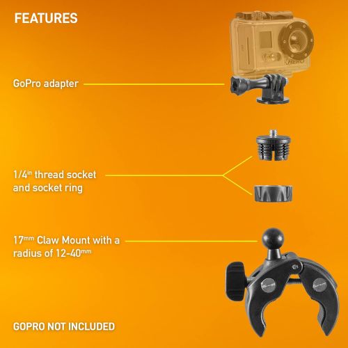  iBOLT 17mm Clamp Mount for Handlebars, Poles, Posts- Compatible with GoPro Hero Action Cameras, ¼ 20 Camera Screw adapters and Accessories, Garmin GPS Systems, and Industry Standar