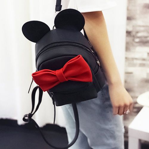  IBTOM CASTLE Women Girls Cartoon PU Leather Mouse Ear Bow Backpack Shoulder School Mini Bag Rucksack Black&Red