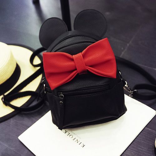  IBTOM CASTLE Women Girls Cartoon PU Leather Mouse Ear Bow Backpack Shoulder School Mini Bag Rucksack Black&Red