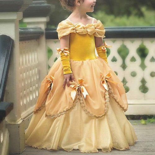  IBTOM CASTLE Little Girls Belle Dress up Princess Beauty and Beast Costume Kids Long Maxi Gown Cosplay Party Fancy Clothes