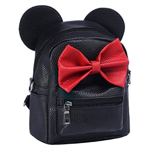  IBTOM CASTLE Women Kids Girls Cartoon PU Leather Mouse Ear Bow Backpack Shoulder School Mini Bag Rucksack Black&Red