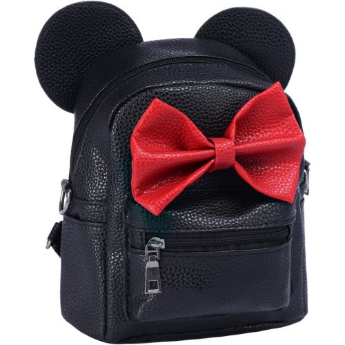  IBTOM CASTLE Women Kids Girls Cartoon PU Leather Mouse Ear Bow Backpack Shoulder School Mini Bag Rucksack Black&Red