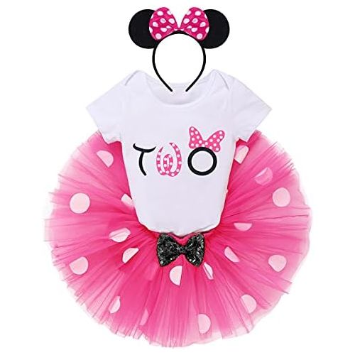  IBTOM CASTLE Baby Girls One 1st Birthday Outfit Mini Polka Dots Romper Tutu Dress Mouse Headband Princess Skirt Set for Kids Photo Shoot