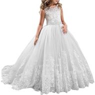IBTOM CASTLE Girls Flower Lace Princess Communion Tulle Dress Long Pageant Gown Floor Length Prom Wedding Evening Formal Party
