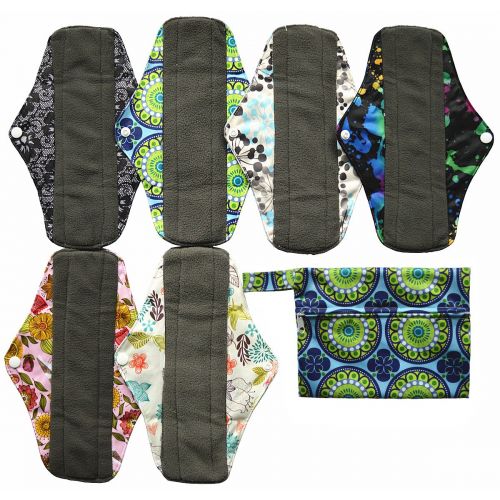 아이베이비 [아마존베스트]7pcs Set 1pc Mini Wet Bag +6pcs 10 Inch Regular Charcoal Bamboo Mama Cloth/ Menstrual Pads/ Reusable Sanitary Pads by Hibaby