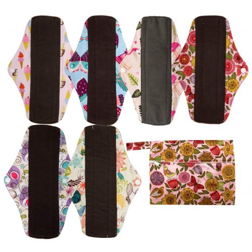 아이베이비 Hibaby 7pcs Set 1pc Mini Wet Bag +6pcs 10 Inch Regular Charcoal Bamboo Mama Cloth/Menstrual Pads/Reusable Sanitary Pads (Sunflower)