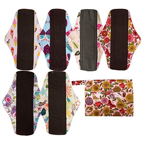 아이베이비 Hibaby 7pcs Set 1pc Mini Wet Bag +6pcs 10 Inch Regular Charcoal Bamboo Mama Cloth/Menstrual Pads/Reusable Sanitary Pads (Sunflower)