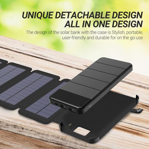  IBose Solar Phone Charger 10.000mAh Power Bank-Portable Smartphone & iPhone Battery + Emergency Flashlight(2) USB Ports+(4) Foldable Solar Panels-Fast Charging Smart IC Hiking Camping