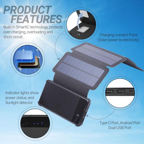  IBose Solar Phone Charger 10.000mAh Power Bank-Portable Smartphone & iPhone Battery + Emergency Flashlight(2) USB Ports+(4) Foldable Solar Panels-Fast Charging Smart IC Hiking Camping