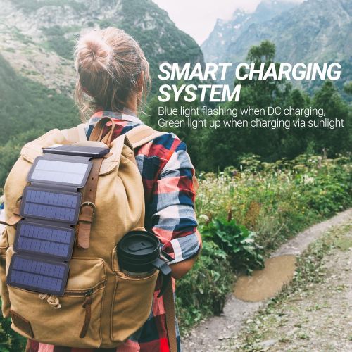  IBose Solar Phone Charger 10.000mAh Power Bank-Portable Smartphone & iPhone Battery + Emergency Flashlight(2) USB Ports+(4) Foldable Solar Panels-Fast Charging Smart IC Hiking Camping